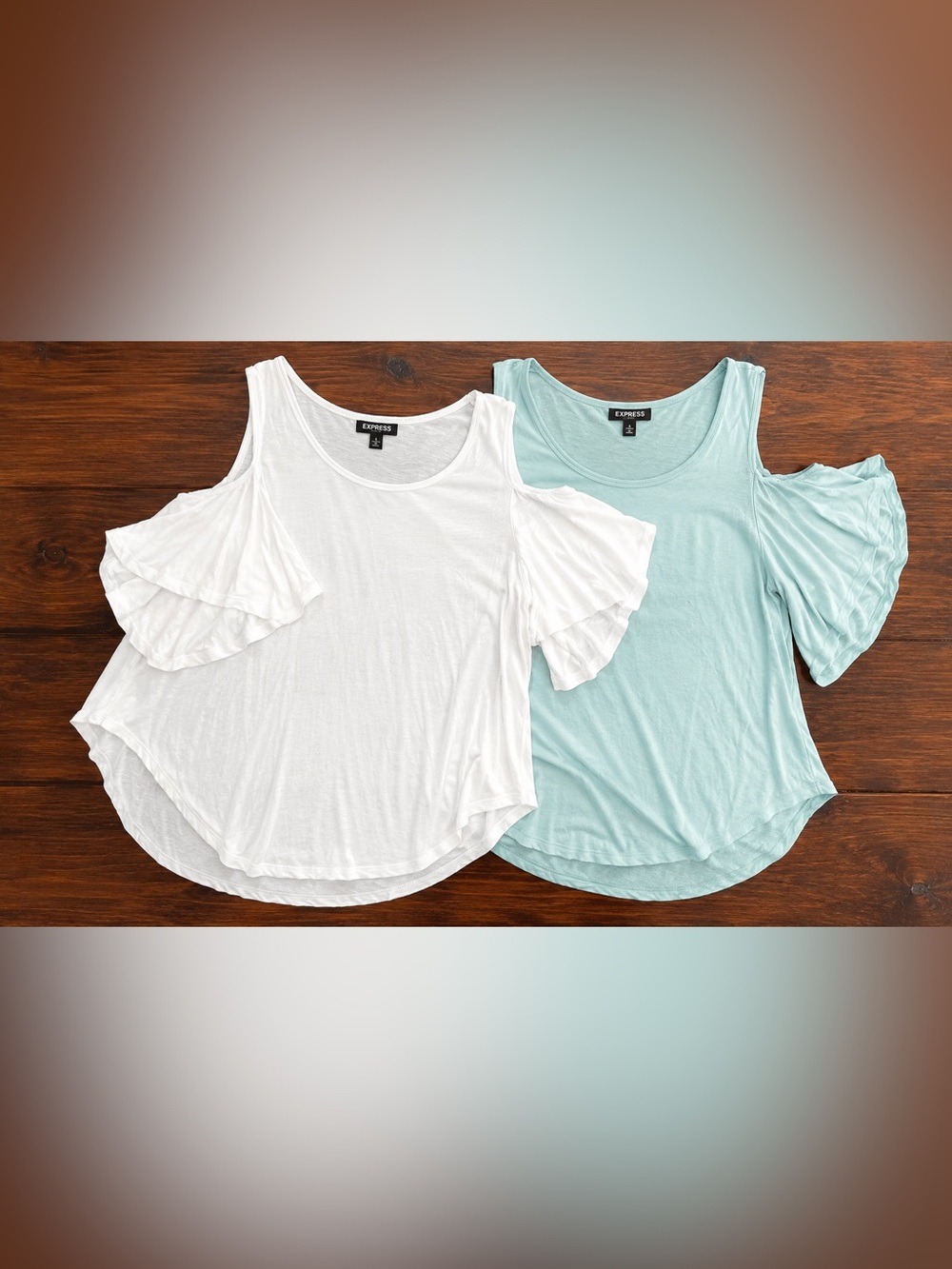 Express XS Cold Shoulder Ruffle Tops White & Mint 2 Piece Bundle